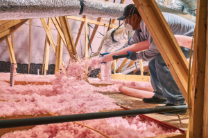pink fiberglass attic insulation being blown into an attic
