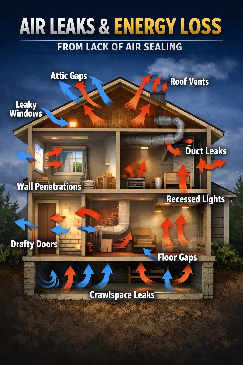 Lack of air sealing image (1) Air leaks & energy loss from lack of air sealing. Cross section of a house with arrows pointing to areas where air leaks most often occur.