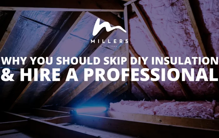 Attic in low light with studs and insulation. Title overlay: "Why You Should Skip DIY Insulation and Hire a Professional"